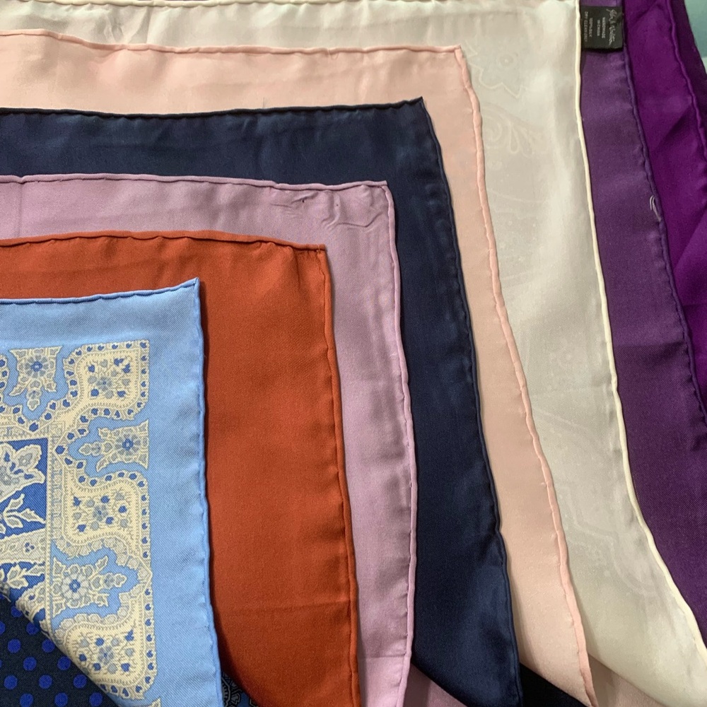 Sale- Set of 9 silk pocket squares for suit pocket, 18” square
